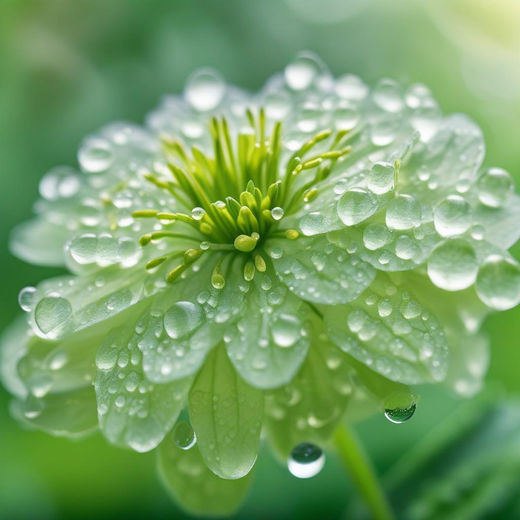  masterpiece, best quality, A close-up shot of a delicate flower blooming in a lush green garden, with dew drops glistening on its petals. The background is blurred, focusing solely on the intricate details of the flower. The atmosphere is serene and peaceful, evoking a sense of tranquility and beauty. Photography, natural light, shallow depth of field.