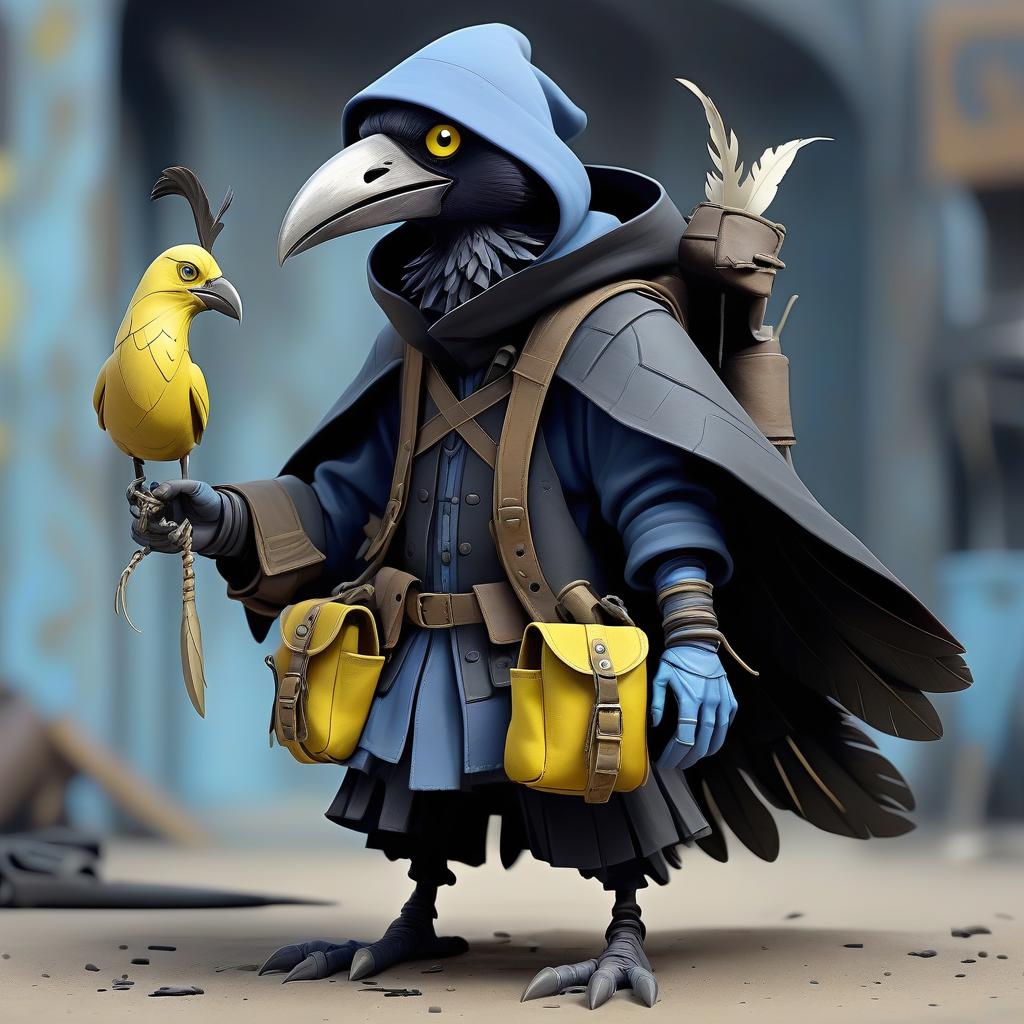  dystopian style black with blue tint avian humanoid race kenku with crow head alchemist, small beak, crazy yellow eyes, feathers ruffled, wearing travelers rags and leather cloak with lots of pockets, has big backpack with pockets, holding bomb . bleak, post apocalyptic, somber, dramatic, highly detailed