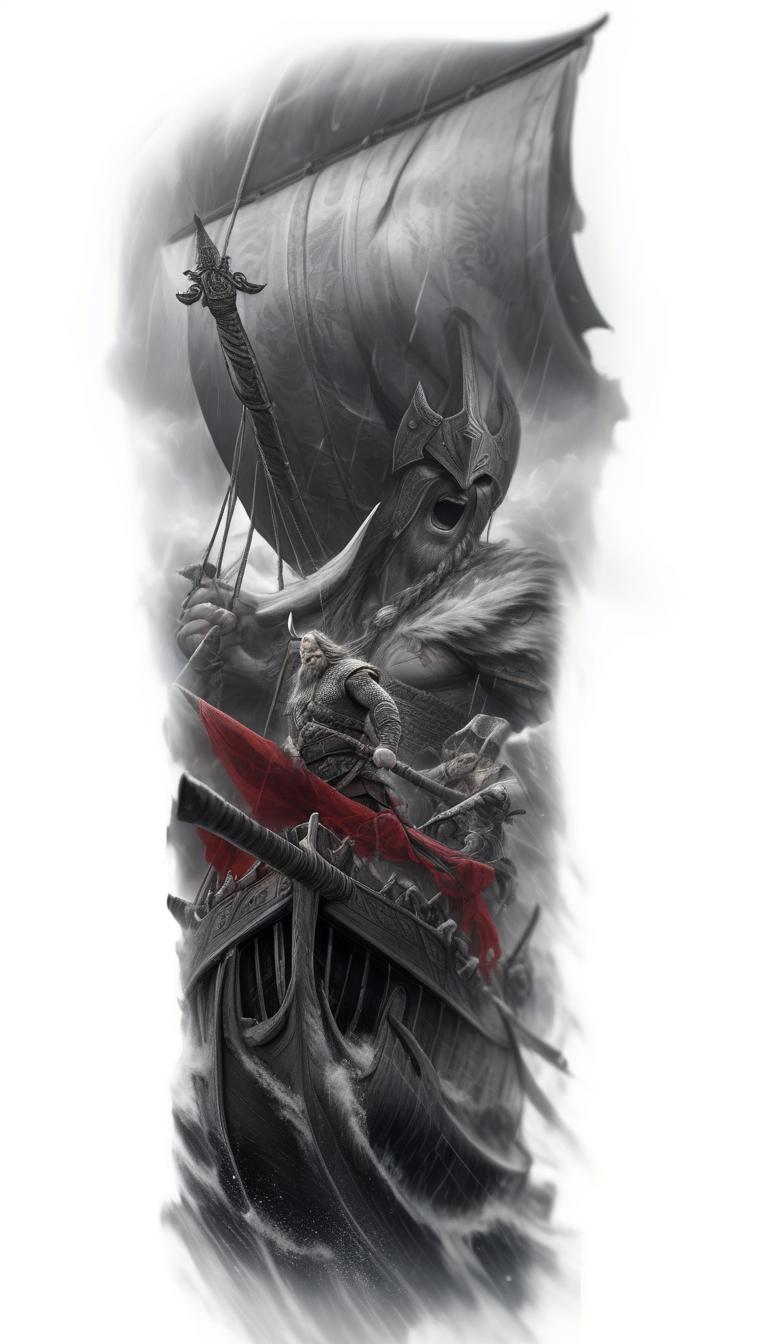  (masterpiece, 8k, uhd, trending on artstation:1.3), striking black and white photograph of a powerful viking ship, sailing across a stormy sea, fierce warrior standing at the helm, face painted with a fierce red design, tribal tattoos adorning his right arm sleeve, digital art render, intricate details, vivid contrast, white and red armor, intense emotion, dynamic composition, photorealistic, fantasy art style, captivating and memorable image.