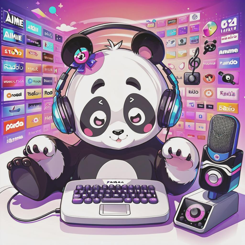  anime artwork internet radio logo, panda, text kawaii radio . anime style, key visual, vibrant, studio anime, highly detailed