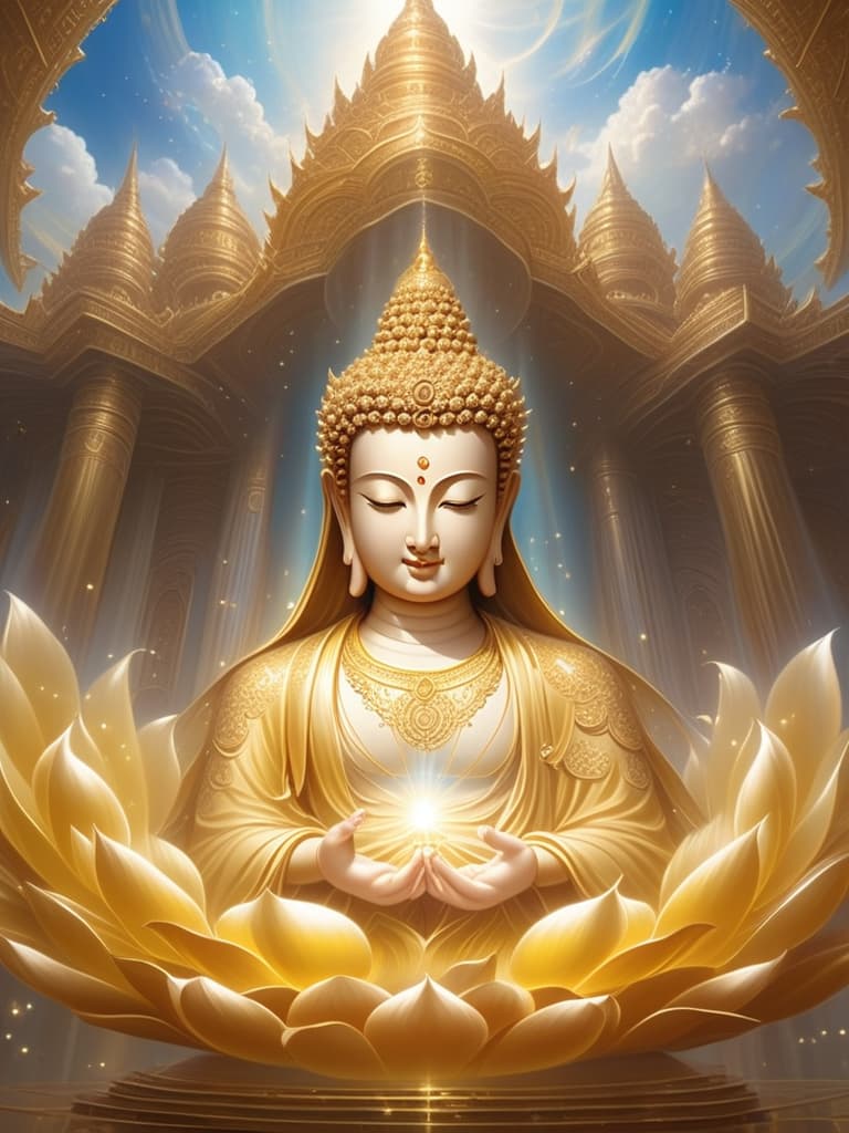  buddha seated majestically on a lotus throne in the celestial palace of the heavens. the buddha is depicted with a serene and compassionate expression, surrounded by a soft, radiant aura. he wears flowing golden robes with intricate patterns, symbolizing enlightenment and divine wisdom. the celestial palace is grand and ethereal, with towering, ornate pillars adorned with jewels and delicate carvings. the sky is filled with soft, glowing clouds and shimmering light, giving the scene a heavenly atmosphere. around the buddha, celestial beings and bodhisattvas are present, paying homage with graceful gestures, creating an aura of peace and reverence.