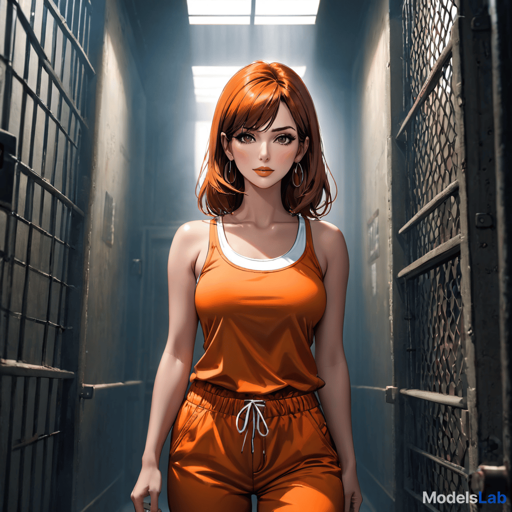  pretty woman in prison cell wearing orange prison uniform pants and white tank top.  hyperrealistic, full body, detailed clothing, highly detailed, cinematic lighting, stunningly beautiful, intricate, sharp focus, f/1. 8, 85mm, (centered image composition), (professionally color graded), ((bright soft diffused light)), volumetric fog, trending on instagram, trending on tumblr, HDR 4K, 8K