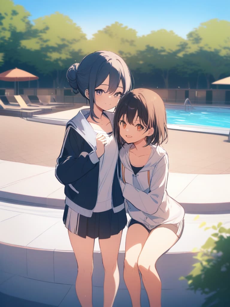  elementary students, s, short hair, cute smile, women's , whole body, pool side,