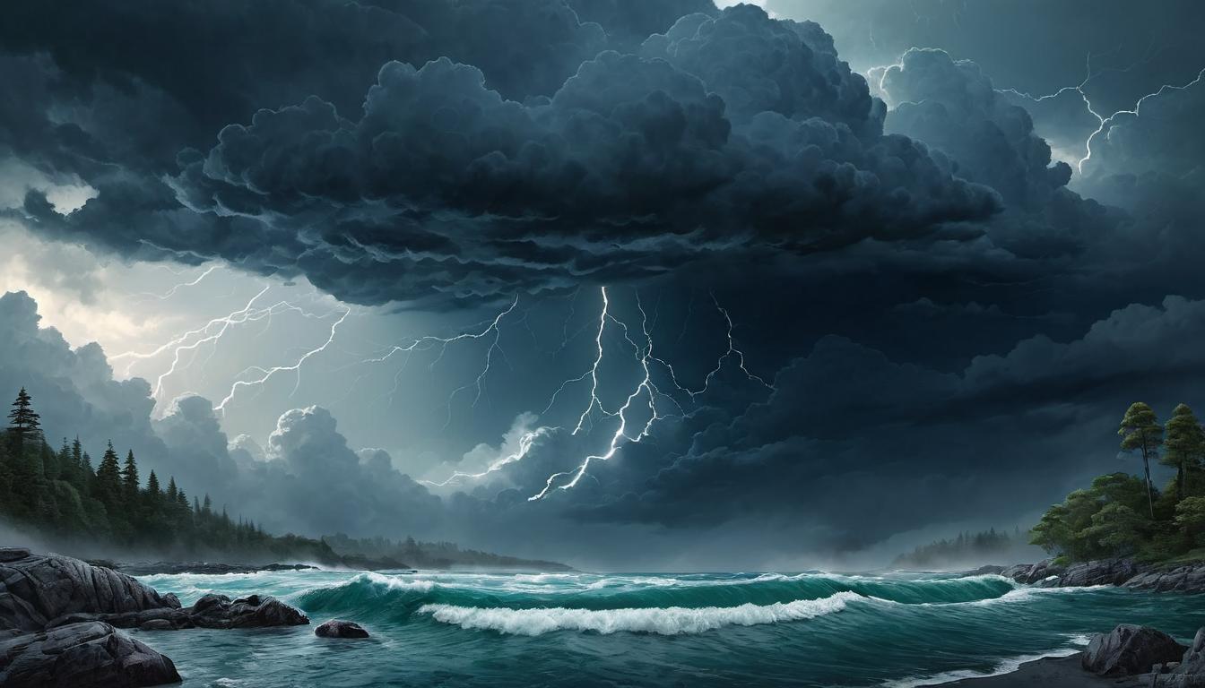  （surrealism)heavy storm clouds, rolling in over a calm, tranquil landscape, ominous sky, impending change, dramatic contrast, moody atmosphere mystic, intricate details, best quality)