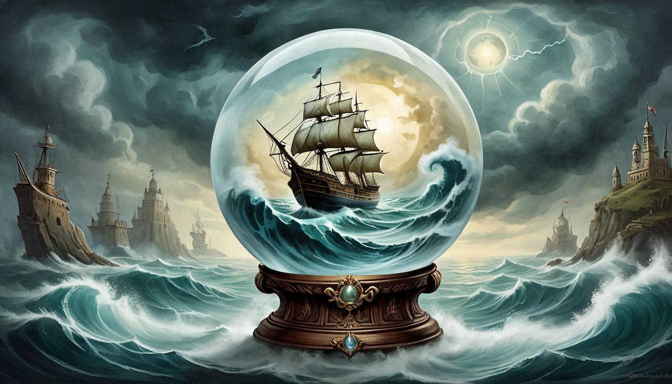  on parchment, surrealism+++, a crystal ball showing a vision of stormy seas, ship sailing through, foresight, warning(mysterious, provocative, symbolic,muted color)+++