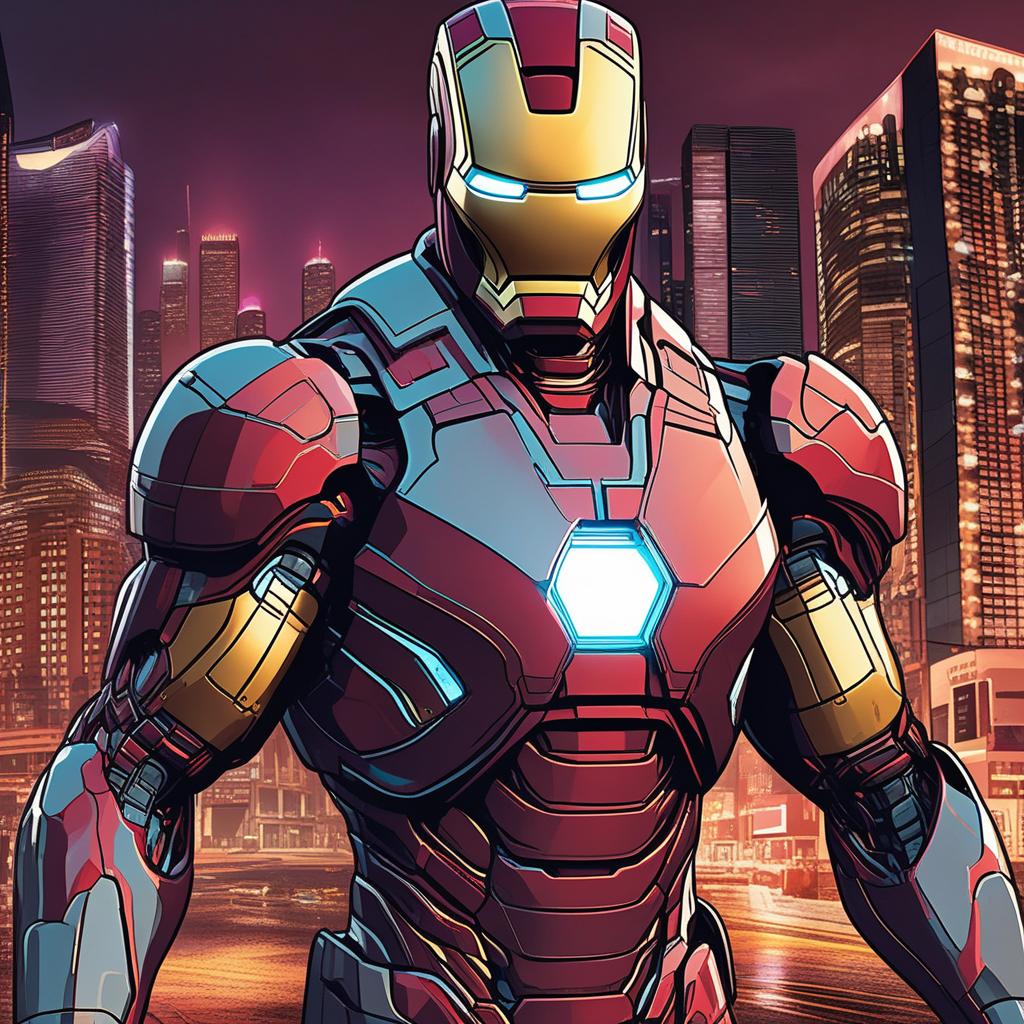  masterpiece, best quality, Best quality, masterpiece, 8k resolution, realistic, highly detailed, close up of Iron Man. In a cyberpunk-style night scene of the city, he stands on a street lined with tall buildings. The city's night lights are bright, The surrounding buildings and streets are filled with cyberpunk elements such as neon lights, high-tech devices, and futuristic architectural designs.