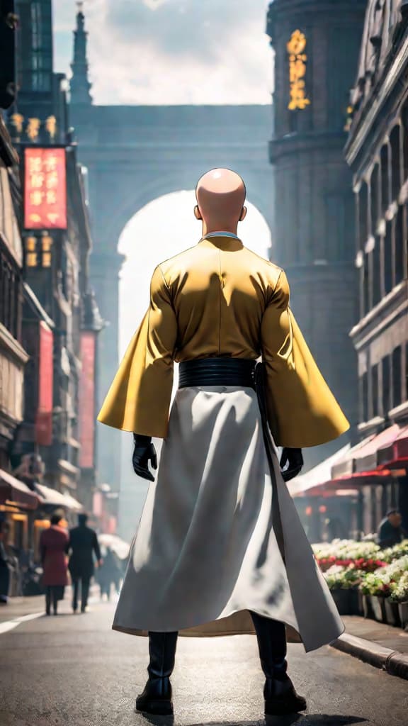  anime art: saitama losing his memory after being the s class rank 1 hero. hyperrealistic, full body, detailed clothing, highly detailed, cinematic lighting, stunningly beautiful, intricate, sharp focus, f/1. 8, 85mm, (centered image composition), (professionally color graded), ((bright soft diffused light)), volumetric fog, trending on instagram, trending on tumblr, HDR 4K, 8K