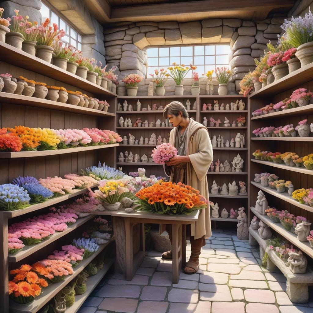  watercolour, fantasy illustration, soft colors, stone age flower shop, seller in skin clothes sells flower sculptures, against the background of shelves with different flower sculptures, traditional media, final fantasy, the warrior of light from final fantasy,