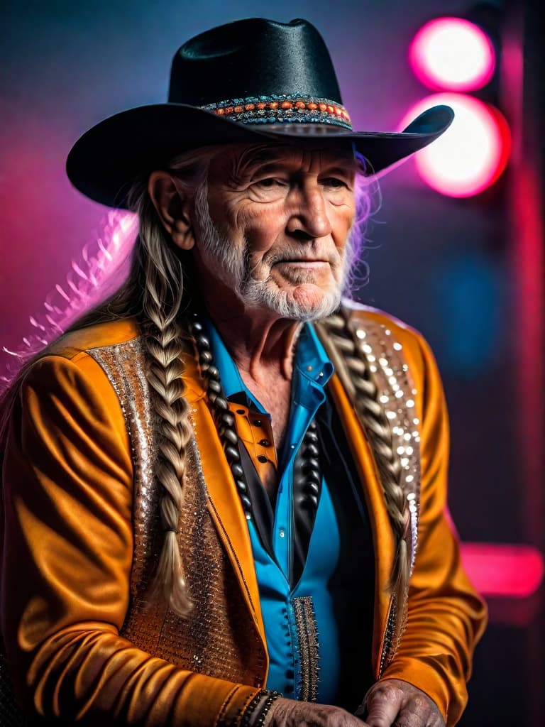  Singer Willie Nelson, medium shot, upper body, spotlight, long exposure lighting, street art style spray paint, glamour lighting