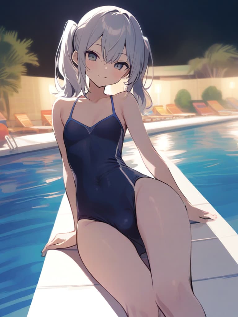  women's elementary students, twin tails, rich smiles, cute smiles, navy blue swimwear, old swimwear, swimwear, simple, male, shaped clear , shaped clear, clear stem, shaped crisp, male bulge,, front. the whole body, pool side,