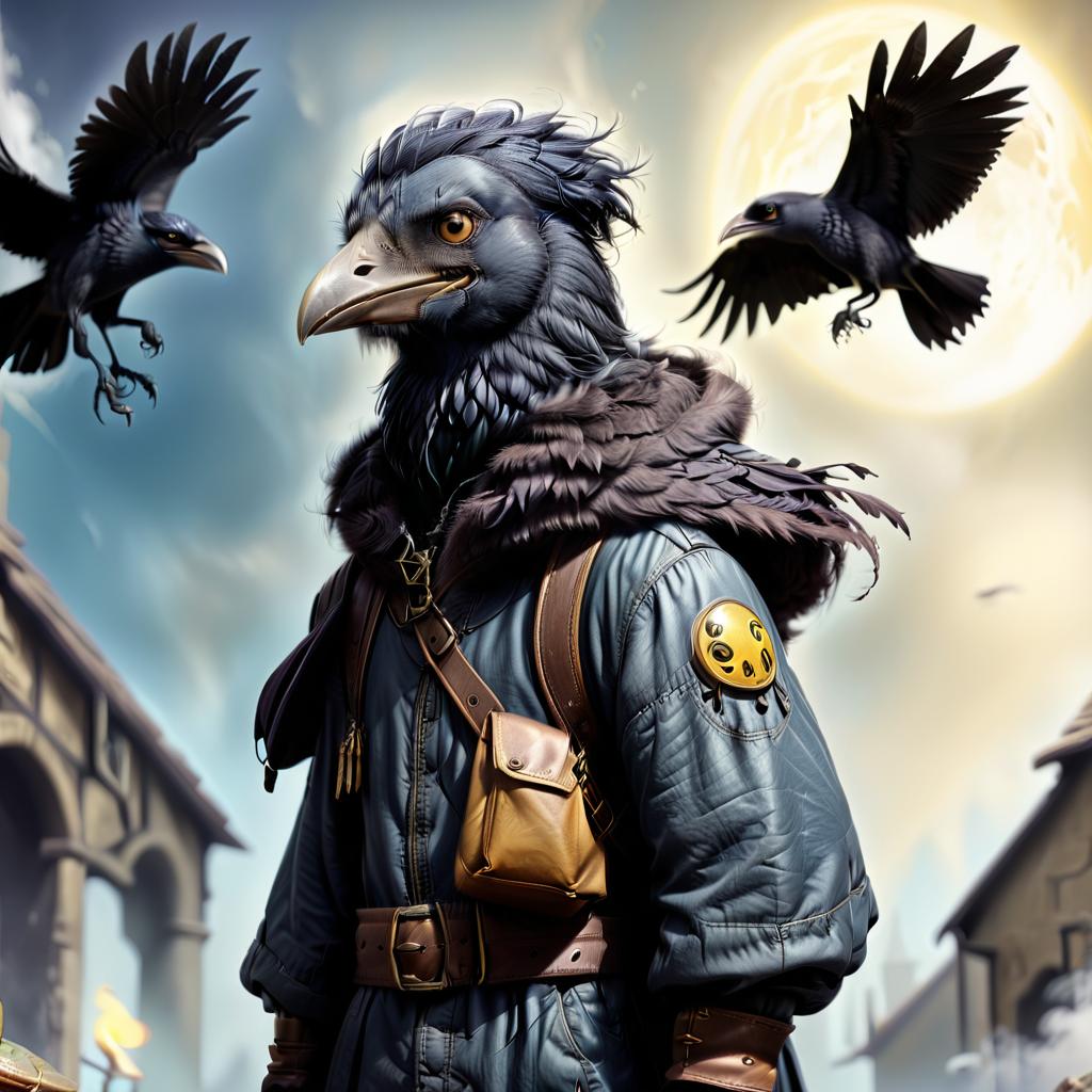  ethereal fantasy concept art of black with blue tint avian humanoid race with raven head alchemist, small black beak, mischievous yellow eyes, smiling, wearing travelers rags and leather cloak with lots of pockets, big backpack with pockets, bomb in hand, magical occult laboratory background . magnificent, celestial, ethereal, painterly, epic, majestic, magical, fantasy art, cover art, dreamy, civitai