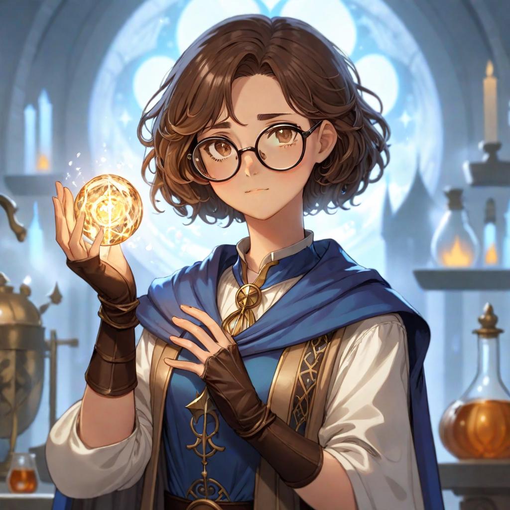  manga artwork girl wizard that is also an alquimist, she's wearing a white and brown attire with a blue cape. she has shor, brown wavy hair and big round glasses. anime rpg style . manga artist. manga, highly emotional. best quality, high resolution