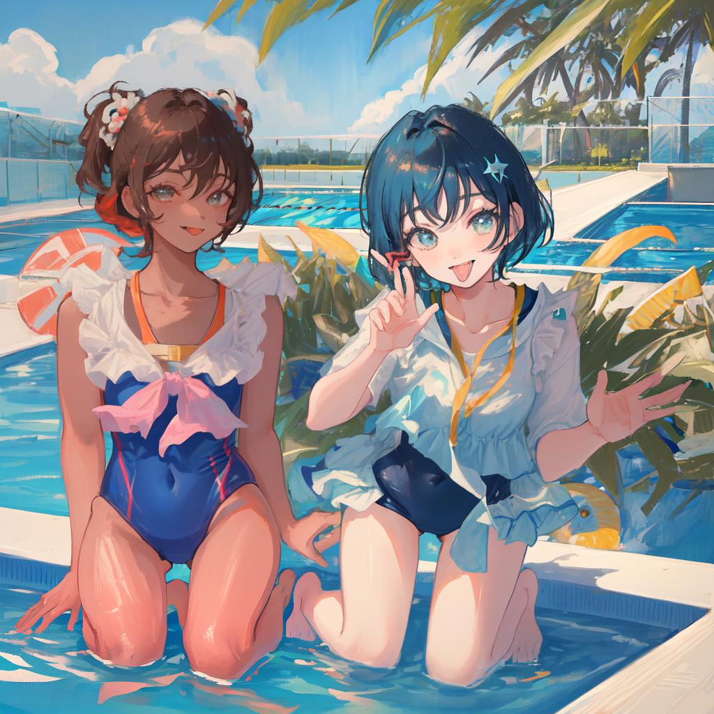  Masterpiece, best quality, a short haired beauty in a skintight bathing suit, kneeling by the pool, tongue sticking out, hands V shaped, excited head up, face flushed. The background is a modern luxury outdoor pool, clear water reflecting sunlight. The atmosphere is playful, cheerful, and summer, with a hint of cheeky. Style reminiscent of Japanese anime, vibrant colors and exaggerated expressions. Achieve ultra high resolution, focusing on capturing the expressions of people and the details of sparkling water.