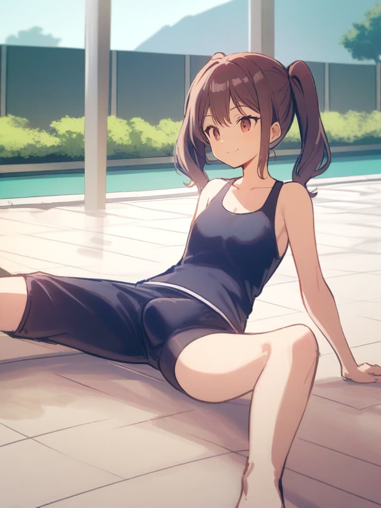  women's elementary students (male), twin tails, cute smiles, (rich s), low stature, dark blue swimwear, old swimwear, , simple, (upward), , (bulge), front, whole body, pool side. ,,,