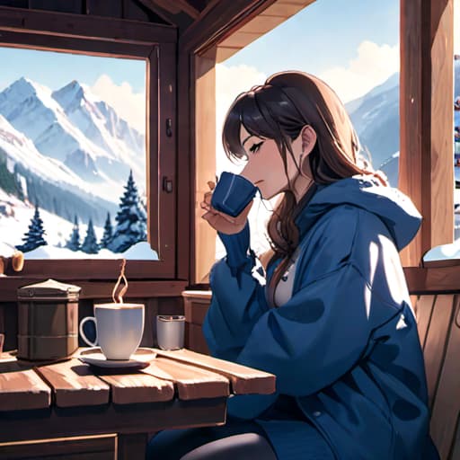  a woman in her 30s drinking a cup of coffee while eating a blueberry muffin in her cozy cabin in the snowy mountains hyperrealistic, full body, detailed clothing, highly detailed, cinematic lighting, stunningly beautiful, intricate, sharp focus, f/1. 8, 85mm, (centered image composition), (professionally color graded), ((bright soft diffused light)), volumetric fog, trending on instagram, trending on tumblr, HDR 4K, 8K