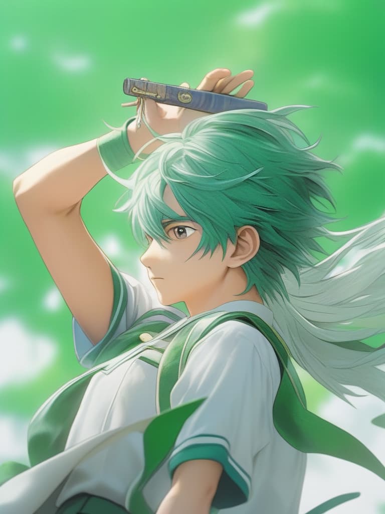  green hair character shun oguri, summer school uniform (boy), hairpin on hair, masterpiece, best quality,8k,ultra detailed,high resolution,an extremely delicate and beautiful,hyper detail