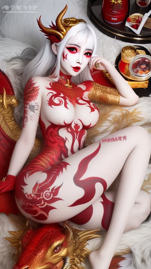  Red dragon pattern face paint, golden dragon and red dragon pattern body paint in every corner of the whole body, White body paint, succubus, full body image 女性