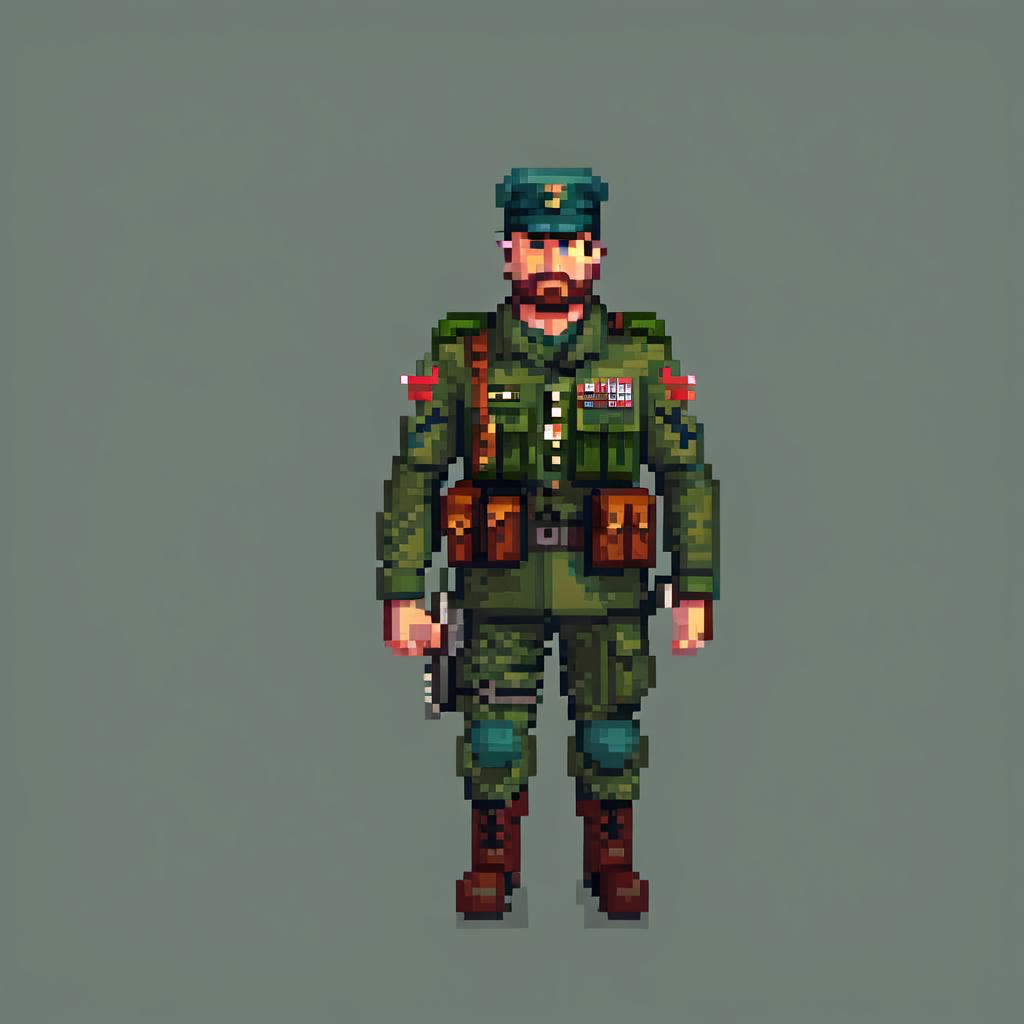  pixel art russian soldier games icon . low res, blocky, pixel art style, 8 bit graphics hyperrealistic, full body, detailed clothing, highly detailed, cinematic lighting, stunningly beautiful, intricate, sharp focus, f/1. 8, 85mm, (centered image composition), (professionally color graded), ((bright soft diffused light)), volumetric fog, trending on instagram, trending on tumblr, HDR 4K, 8K