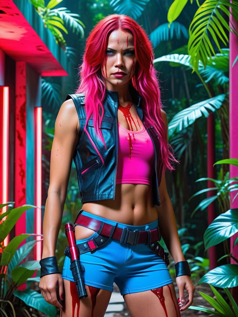  Futuristic female bounty hunter, red flowing, long hair, dressed in skin tight shorts and a sleeveless, leather flack vest; standing in a Columbian jungle outside a large villa...realistic neon pink and bright neon blue, with lots of blood dripping off face, grinning.