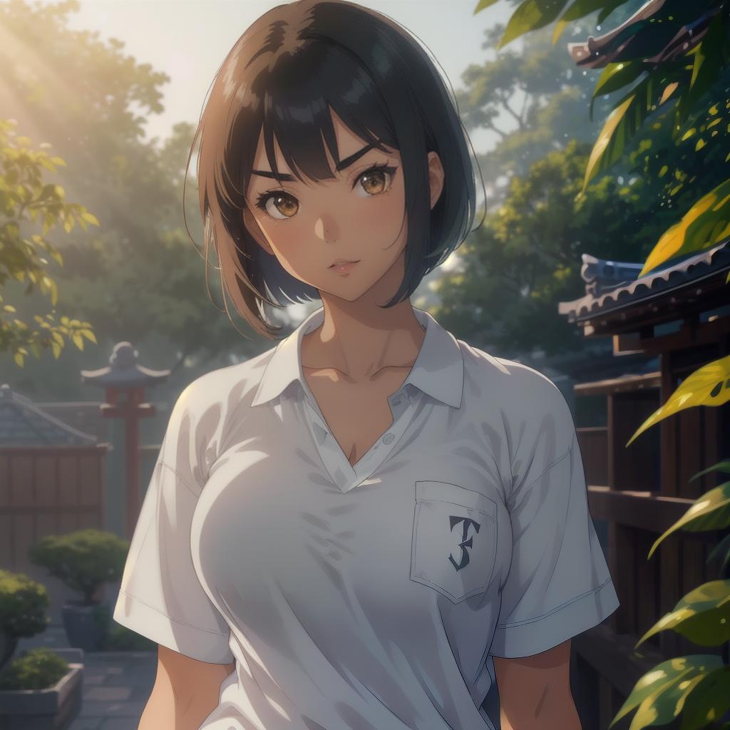  (((anime full torso frontal head shot of a light tan skin tone woman))), keiko rika fujita, ((japanese heritage)), mature face, brown eye color, ((short hair style)), (( hair color)), ((curvy body type)), xxl size, fat size, (mature small straight nose), (mature high cheekbones), (mature soft jawline), (mature medium lips), (mature smooth forehead), (mature slight asymmetry), (mature arched eyebrows), standing straight looking directly into the camera,((wearing fitted polo shirt with deep v neck and monogrammed pocket)), backyard in background, 1girl, best quality, highest quality, award winning photo, masterpiece, raw, professional photography, photorealism, sharp focus, cinematic, high resolution, sharp, sharp ima hyperrealistic, full body, detailed clothing, highly detailed, cinematic lighting, stunningly beautiful, intricate, sharp focus, f/1. 8, 85mm, (centered image composition), (professionally color graded), ((bright soft diffused light)), volumetric fog, trending on instagram, trending on tumblr, HDR 4K, 8K