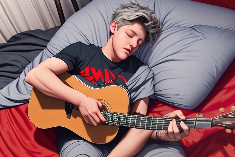  Show Me A Picture Of Niall Horan Fall Asleep In A Red Mattress On Grey Pillow Tucked Up With Blanket? And With His Guitar! From 1d’s Run And Chased Night Starting Game In 16 Bit style Match Like One Direction’s Party Of The Year Boyband In 3ds 2012 - 2013. What’s It Gonna Be?