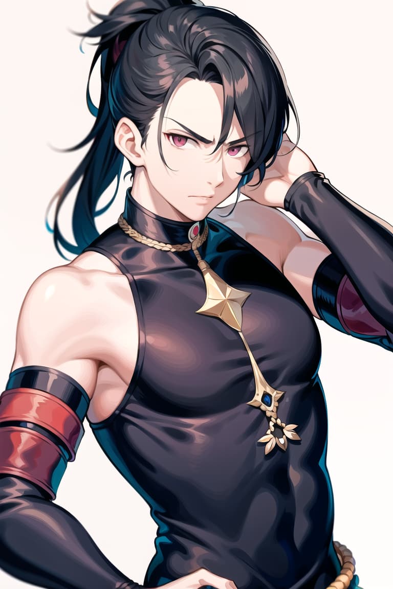  master piece , best quality,image/the character "felix" from the game fire emblem three houses.he is man. his hairstyle is a short black ponytail. he has red, slanted eyes. he has a furrowed brow, which makes him look a bit intimidating. he has his hair tied up high. he has wrinkles under his eyes.