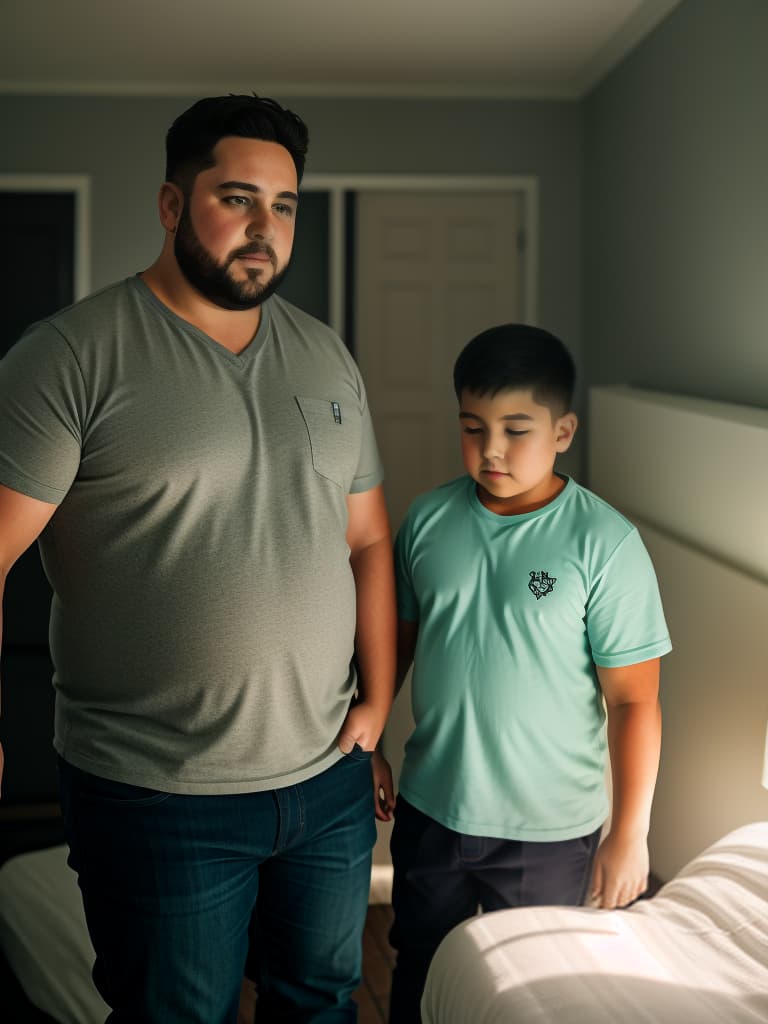  burly forty year old daddy and his chubby overweight twelve year old son, daddy is walking into his son's bedroom to catch his son in the act of masturbation, this is why daddy immediately takes off his pants with intentions of masturbating with his son, masturbation feels so good , hyperrealistic, high quality, highly detailed, cinematic lighting, intricate, sharp focus, f/1. 8, 85mm, (centered image composition), (professionally color graded), ((bright soft diffused light)), volumetric fog, trending on instagram, HDR 4K, 8K