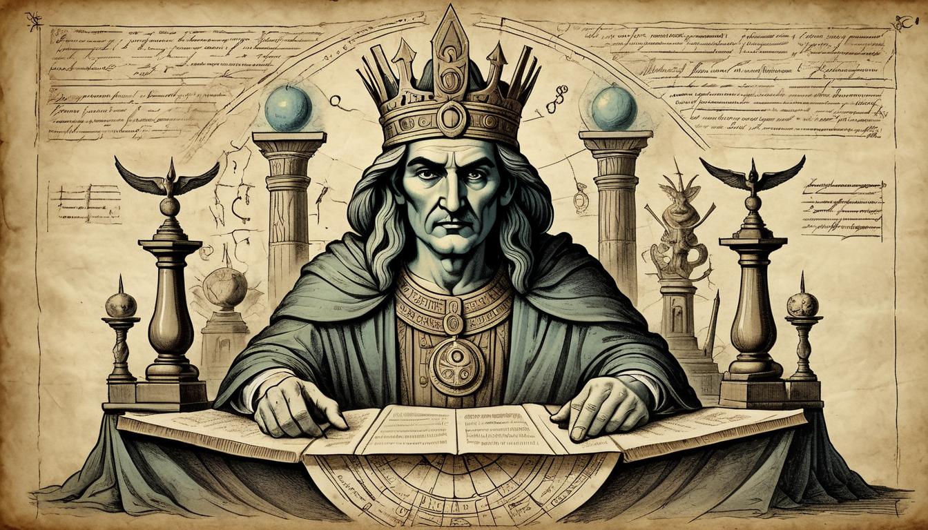  on parchment, surrealism+++, unyielding judge, ancient deity with stern gaze, surrounded by symbols of justice, celestial setting, inescapable verdict, absolute authority(mysterious, provocative, symbolic,muted color)+++