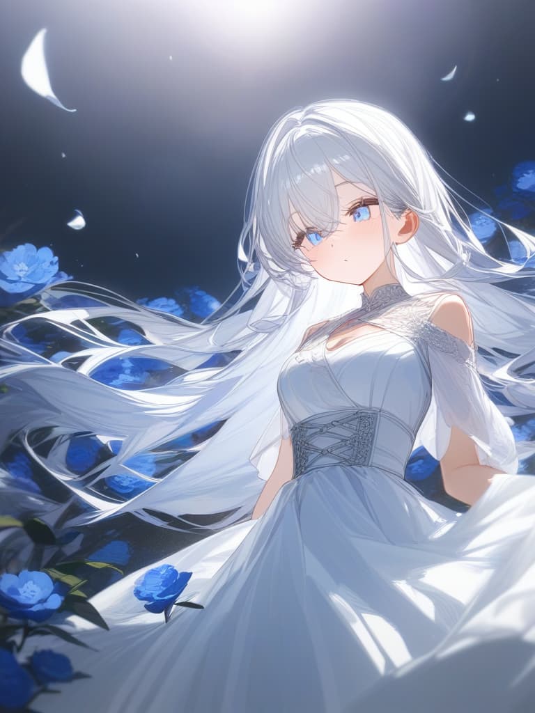  white dress, white hair long, light blue eyes, light blue flowers, masterpiece, best quality,8k,ultra detailed,high resolution,an extremely delicate and beautiful,hyper detail