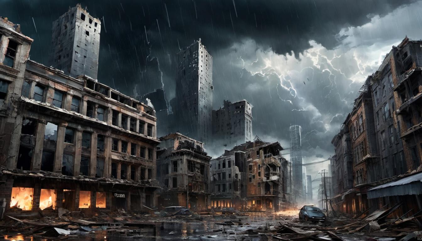  digital painting of a cityscape with crumbling buildings, shattered windows, debris scattered, dark storm clouds gathering overhead, foreboding atmosphere, sense of imminent destruction looking at viewer, dynamic pose, (intricate details, masterpiece, best quality)