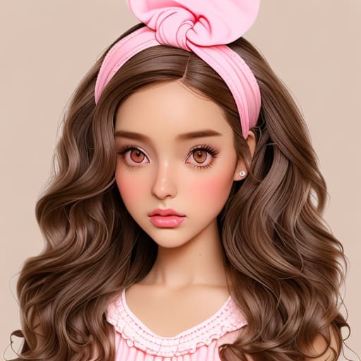  Make me a Blythe doll with brown wavy hair in a side part and brown skin with brown eyes and a pink shirt and head band