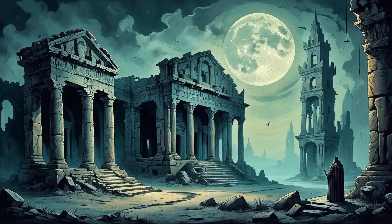  on parchment, surrealism+++, ancient ruins under moonlight, mystical aura, shadowy corners, remnants of a once grand structure, decaying yet majestic, ethereal, somber(mysterious, provocative, symbolic,muted color)+++