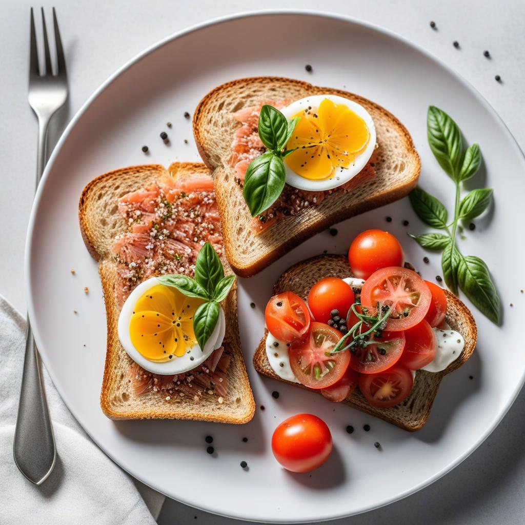  realistic close up portrait meal photo of (((Toast with tomato and smoked fish))), with (smoked fish filet, Pink sliced, Whole wheat bread, Black pepper), ((served in a white plate)), ((with white background)), (((Healthy Eating Plate))), (((Harvard Eating Plate))), ((food photography)), with macro lens, shallow depth of field, highly detailed, natural lighting, natural colors, photorealism, Canon EOS R3, nikon, f/1.4, ISO 200, 1/160s, 8K, RAW, unedited, in-frame hyperrealistic, full body, detailed clothing, highly detailed, cinematic lighting, stunningly beautiful, intricate, sharp focus, f/1. 8, 85mm, (centered image composition), (professionally color graded), ((bright soft diffused light)), volumetric fog, trending on instagram, trending on tumblr, HDR 4K, 8K