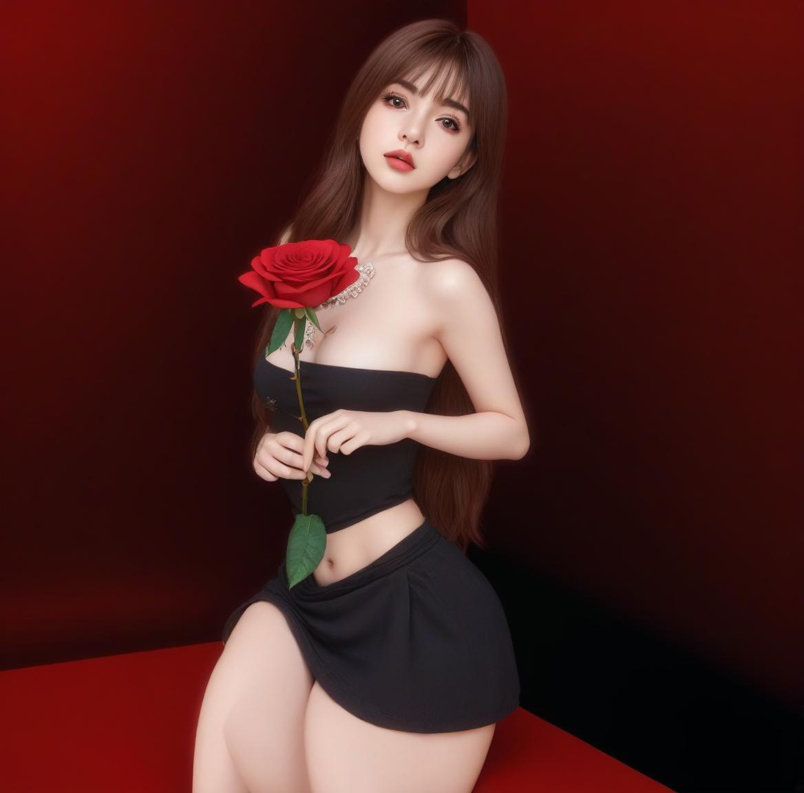  3d, 1 girl, high detailed cartoon, solo, long hair, looking at viewer, dark hazel eyes, lips, detailed rose, parted bangs photo realistic, highly intricate and detailed, masterpiece, ultra high res,photography,8k resolution