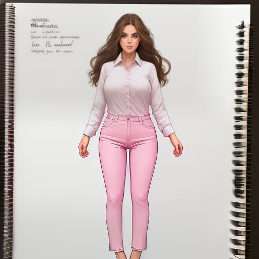  draw the girl in full growth, so that the legs are visible fully on a white background. 34 years. brown hair. tall, beautiful. pink shirt, white pants, heels