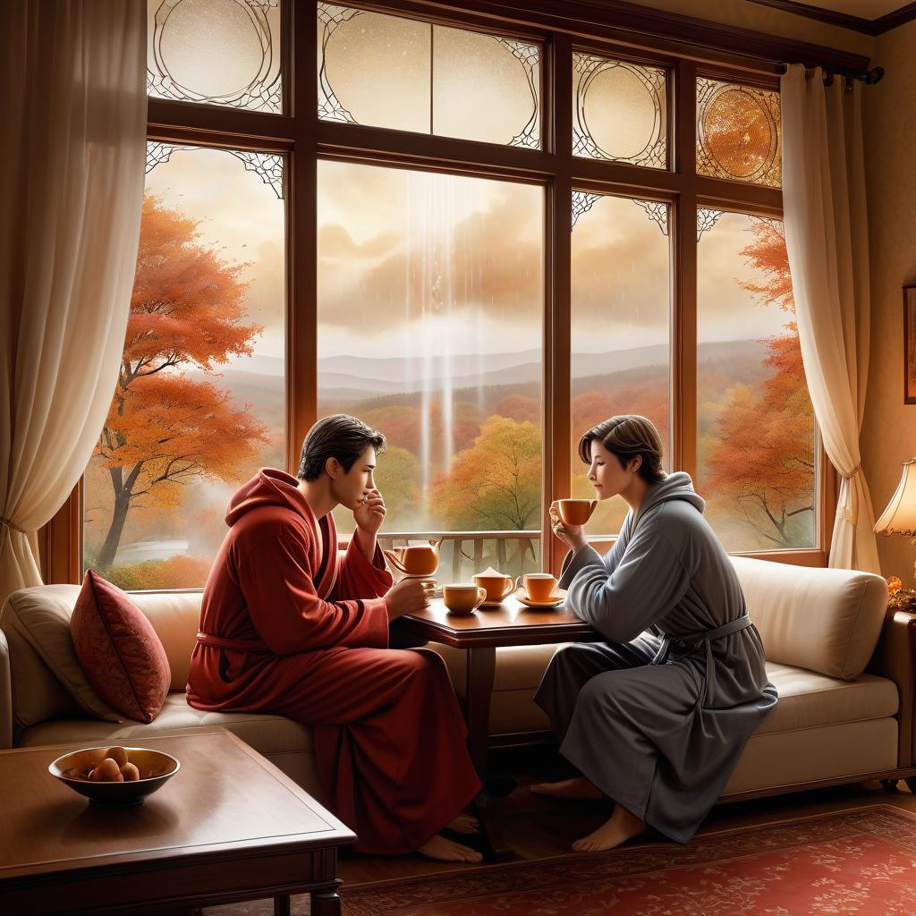  digital illustration, ink and watercolor on parchment, with fine shading of the edges, depicting an two lovers, a man and a woman dressed in pajamas in a warm room and looking out the window, sitting on a sofa at a table and drinking hot tea, looking out the panoramic window, a monotonous autumn rain is falling outside the window, soft diffused lighting in warm tones envelops her, enhancing the mystical aura around her slender form.