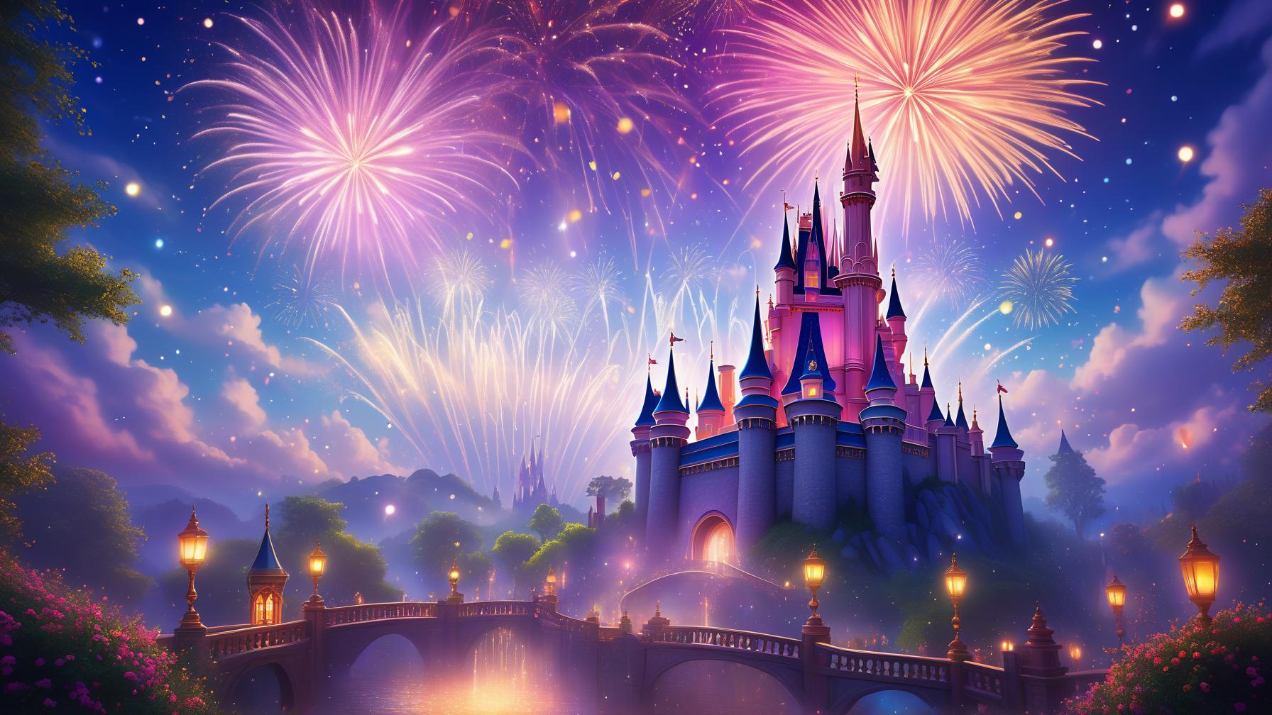  disney fireworks, magical castle, vibrant colors, fantasy setting, sparkling lights, enchanting display, dreamlike atmosphere, whimsical design, fantasy architecture, celebratory scene, imaginative interpretation cinematic view, wide angle lens, colorful lighting, whimsical art style, magical lighting effects highly detailed photo, sharp details, best quality, 4k, raw photo keywords: fireworks, disney, castle, fantasy, enchanting, whimsical, cinematic view, wide angle lens, colorful lighting, magical, celebratory., award winning, professional, highly detailed, masterpiece