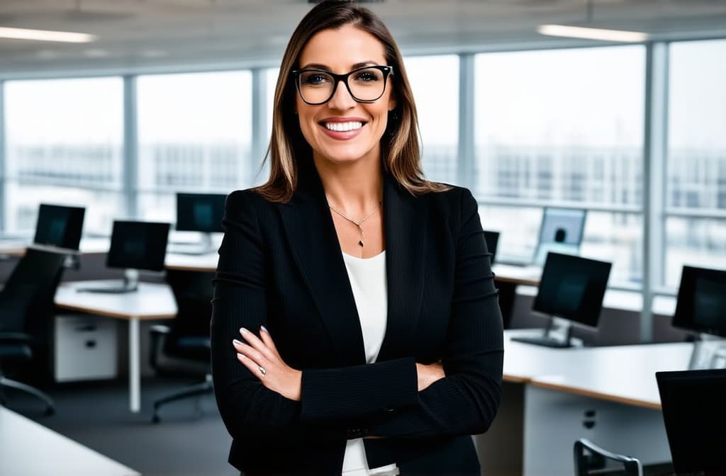  professional detailed photography, portrait of smiling businesswoman in black glasses standing in open plan office. happy female professional executive manager, financial banking or marketing data. ar 3:2, (muted colors, dim colors, soothing tones), (vsco:0.3)