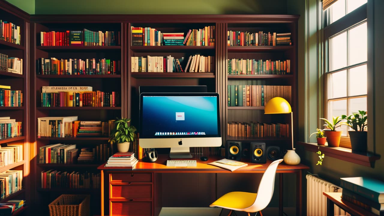  a cozy home office with a laptop open, displaying a video call with a diverse group of engaged students. bookshelves filled with educational materials, a warm cup of coffee, and a motivational poster on the wall. hyperrealistic, full body, detailed clothing, highly detailed, cinematic lighting, stunningly beautiful, intricate, sharp focus, f/1. 8, 85mm, (centered image composition), (professionally color graded), ((bright soft diffused light)), volumetric fog, trending on instagram, trending on tumblr, HDR 4K, 8K