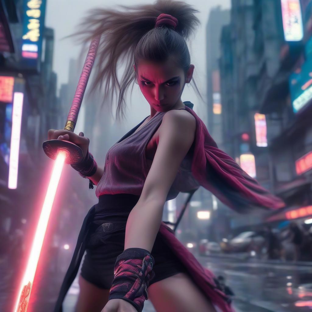  a slender athletic girl with long legs, very high heeled shoes, in her hand a long samurai katana sword, hair tied in a ponytail, in the style of japanese cyberpunk, in bangkok, photo below, in the style of christopher nolan, high quality photography, in an epic pose