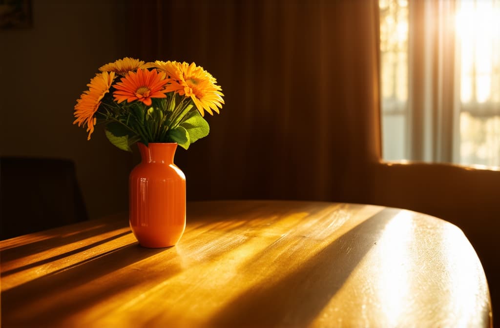  cinematic film style, autumn bouquet of flowers in orange vase to the left side of image over wooden table ar 3:2, shallow depth of field, vignette, maximum details, high budget hollywood movie, bokeh, cinemascope, moody, epic, gorgeous, sun rays and shadows on furniture and surfaces, flattering light, raw photo, photography, photorealistic, 8k resolution, f1.4, sharpened focus, sharp focus