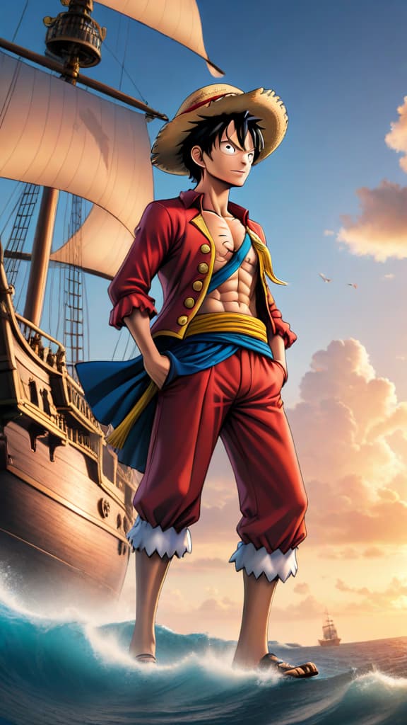  luffy from one piece on a grand adventure with a backdrop of the open sea and a pirate ship, anime art hyperrealistic, full body, detailed clothing, highly detailed, cinematic lighting, stunningly beautiful, intricate, sharp focus, f/1. 8, 85mm, (centered image composition), (professionally color graded), ((bright soft diffused light)), volumetric fog, trending on instagram, trending on tumblr, HDR 4K, 8K