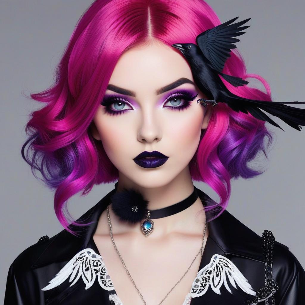  the character is a goth girl with striking pink and purple hair, styled in a way that reflects her unique personality—perhaps in loose waves or a dramatic cut. her makeup is bold, featuring dark eyeliner, deep lipstick, and possibly some artistic designs on her face or around her eyes. she often wears black clothing, layered with lace, leather, or fishnet fabrics, giving her a classic goth aesthetic while incorporating colorful accessories that match her hair. around her, there are ravens, which serve as both companions and symbols of mystery. the ravens are sleek and glossy, contrasting with her colorful appearance, and they often perch on her shoulders or nearby, enhancing her enigmatic presence. this character embodies a blend of dark