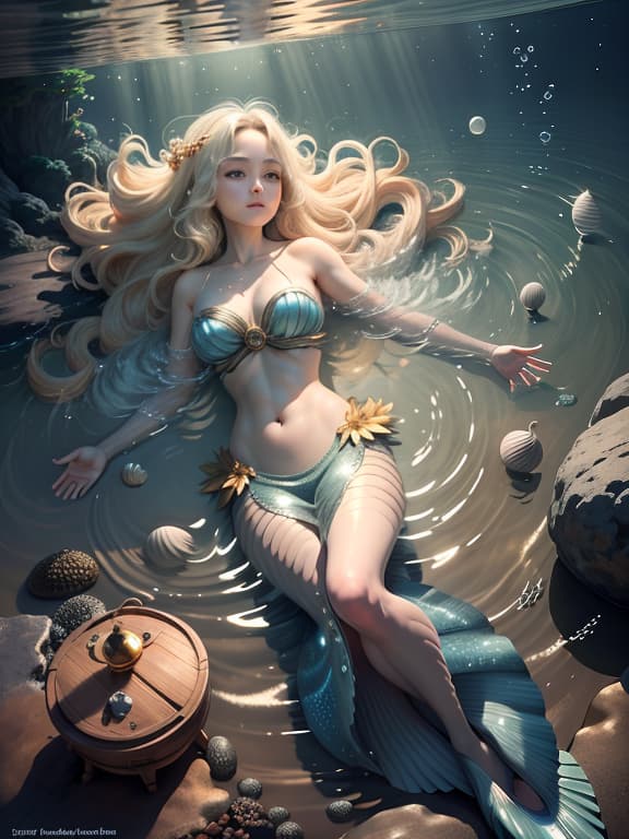  master piece, best quality, ultra detailed, highres, 4k.8k, mermaid, fish tail, blonde hair., swimming gracefully in the ocean., serene and graceful., break a beautiful mermaid with a fish tail and blonde hair., underwater coral reef., coral, sea anemone, seashells, sunken treasure chest., break mystical and enchanting., sunlight filtering through the water, creating magical rays of light., lunarpunkai