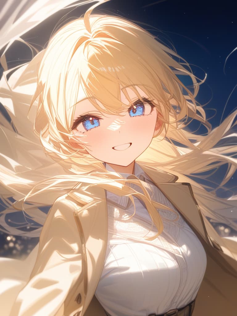  blonde, blue eyes, night, stars, smiles, masterpiece, best quality,8k,ultra detailed,high resolution,an extremely delicate and beautiful,hyper detail