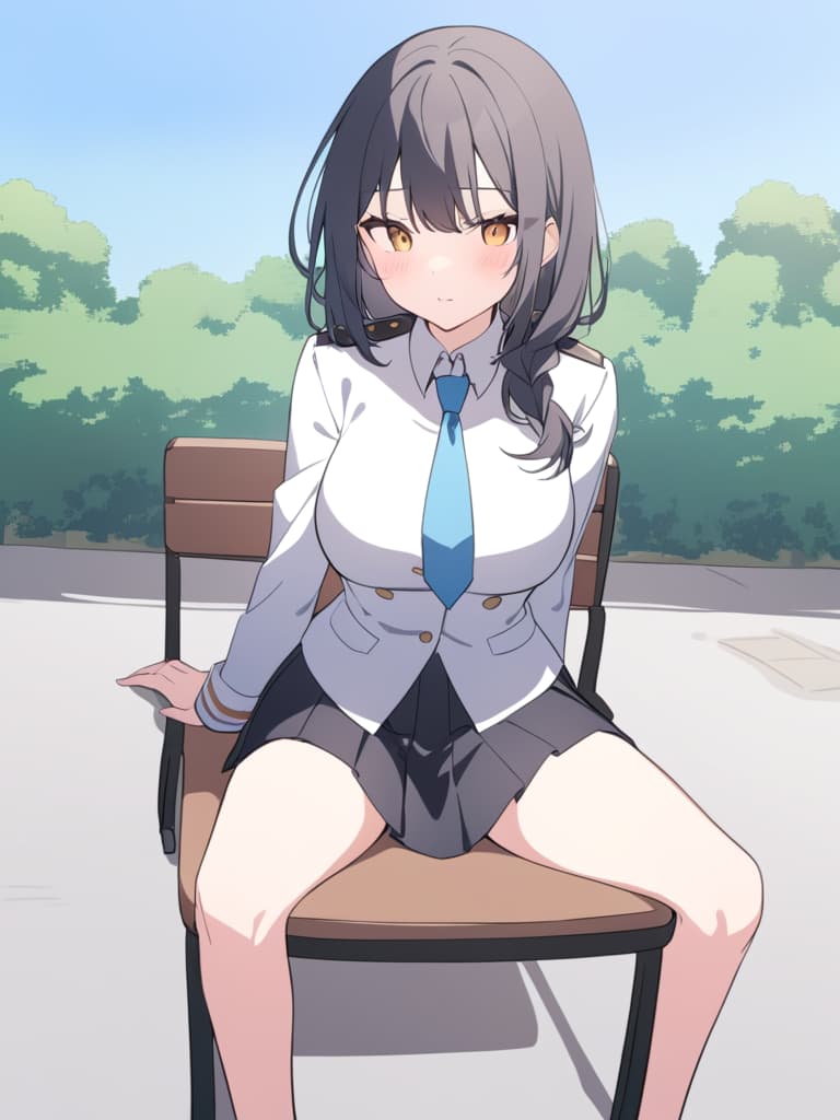  a in a uniform sitting in a riding position on a chair or bench,with her legs apart. she has a relaxed or slightly embarred expression. the background can be a clroom or park setting.