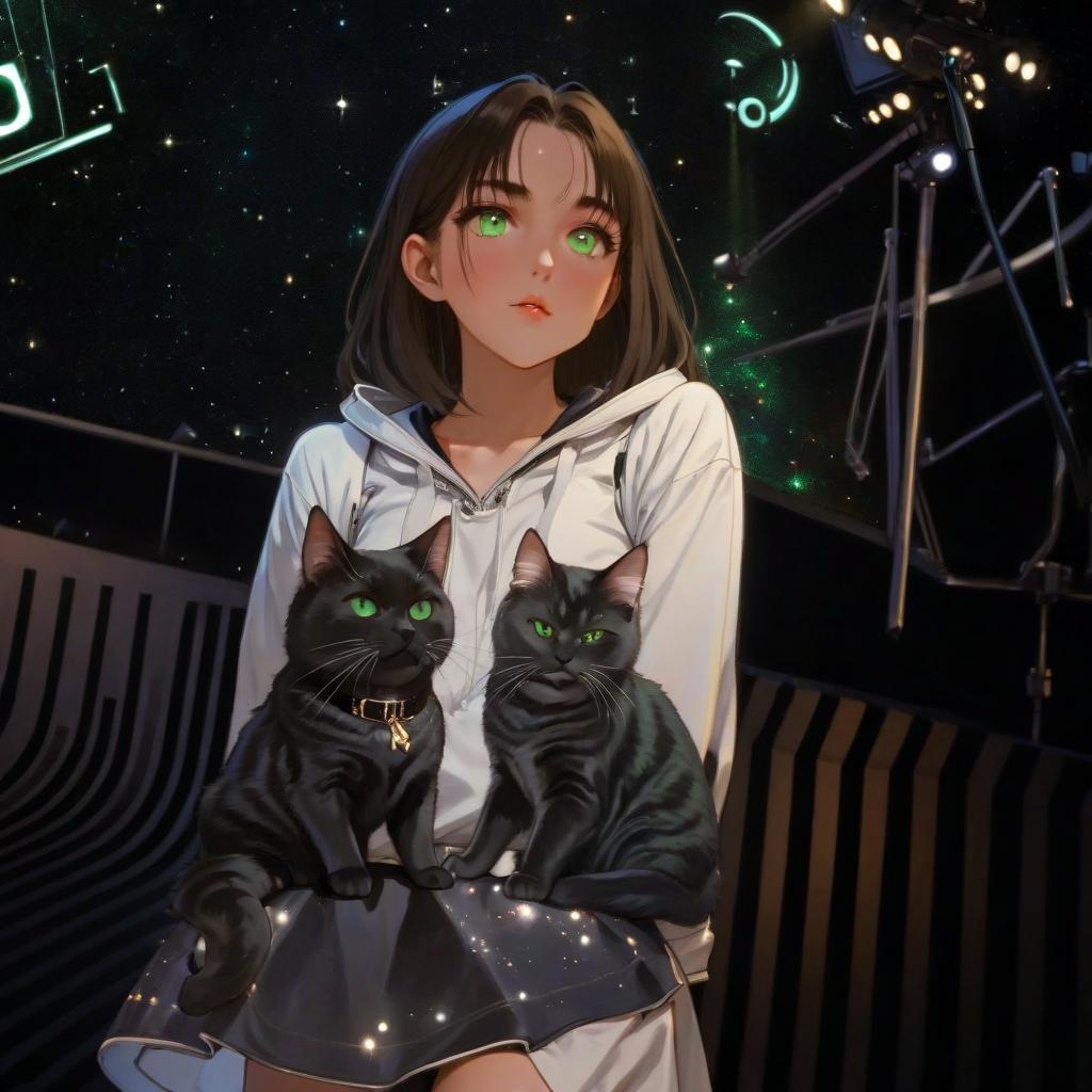  girl with dark green eyes, two cats, spotlights, stage, space in the background, love of music, idol