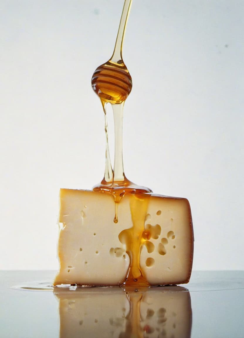  cheese is poured with honey a beautiful reflection of the cheese light background, film photography style