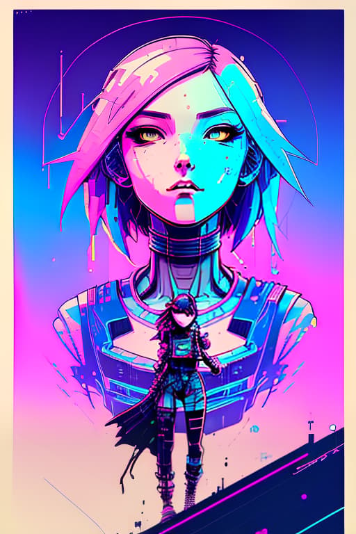 nvinkpunk girl cyberpunk magical artifacts hair blue pink utopia bright eyes tokyo funko pop tattoo, character sheet, concept design, contrast, style by kim jung gi, zabrocki, karlkka, jayison devadas, trending on artstation, 8k, ultra wide angle, pincushion lens effect