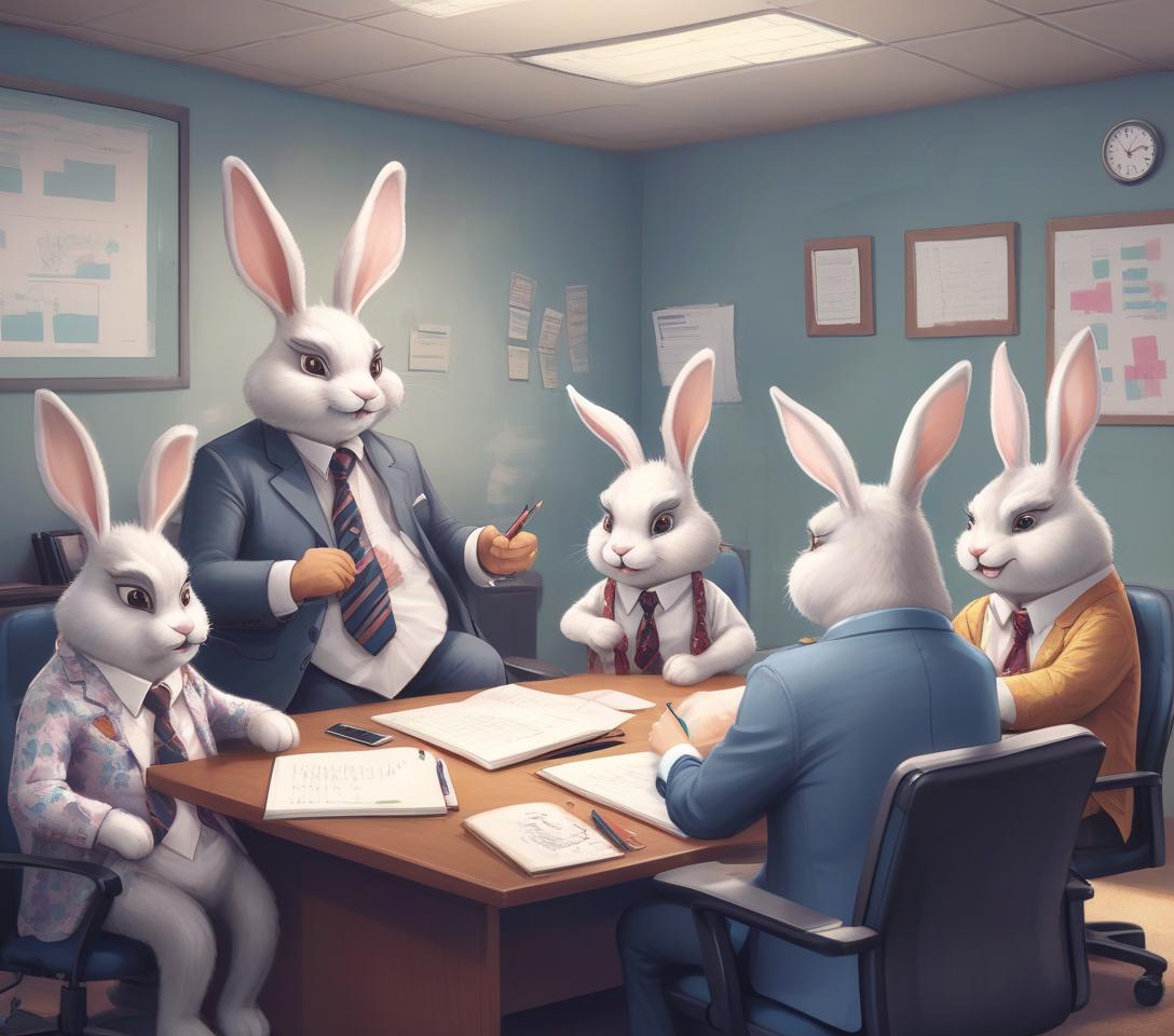  concept art puffy cute rabbits in ties sit at a meeting in the office, everyone listens, and some even write something in notebooks. also, their boss is a grey wolf in a hawaiian shirt . digital artwork, illustrative, painterly, matte painting, highly detailed